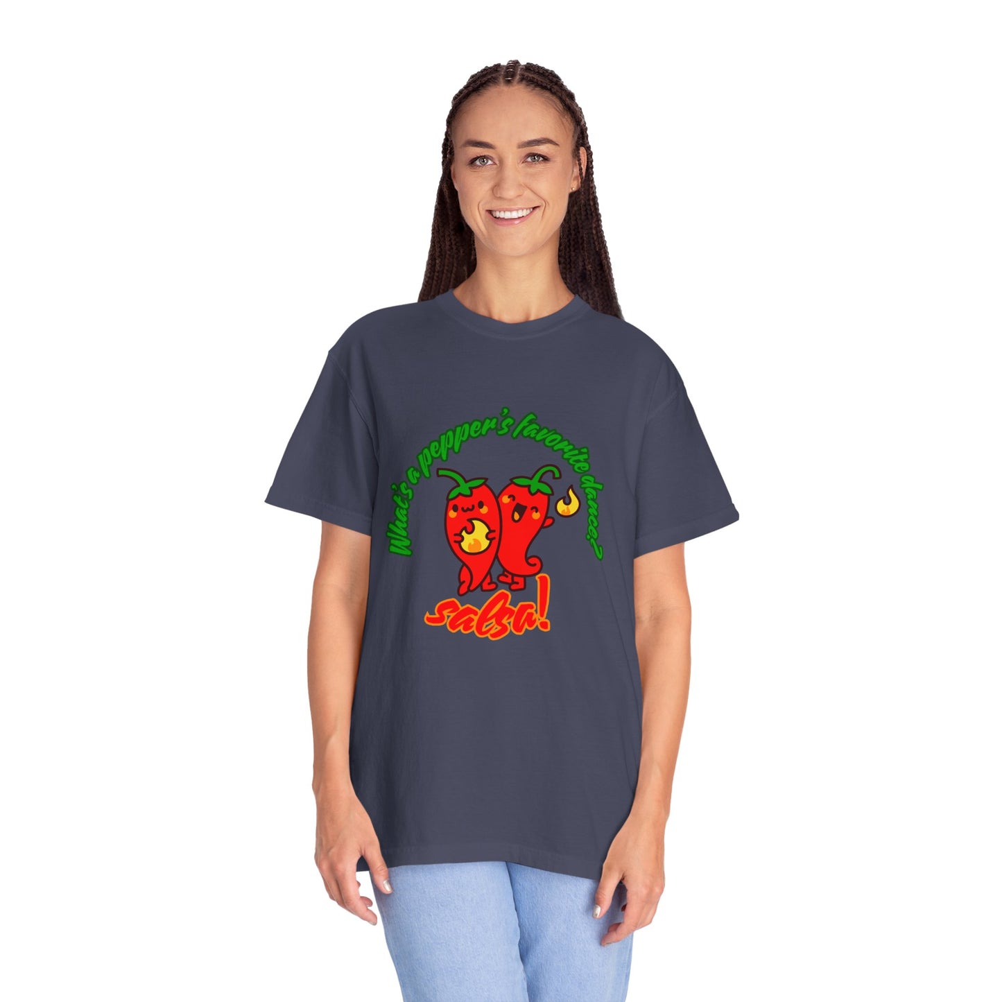 "What's a Pepper's Favorite Dance? Salsa!" Dance Pun Unisex Garment-Dyed T-Shirt – Funny Dance Joke Tee with Cute Pepper Graphic – Dance Humor Shirt for Food & Pun Lovers