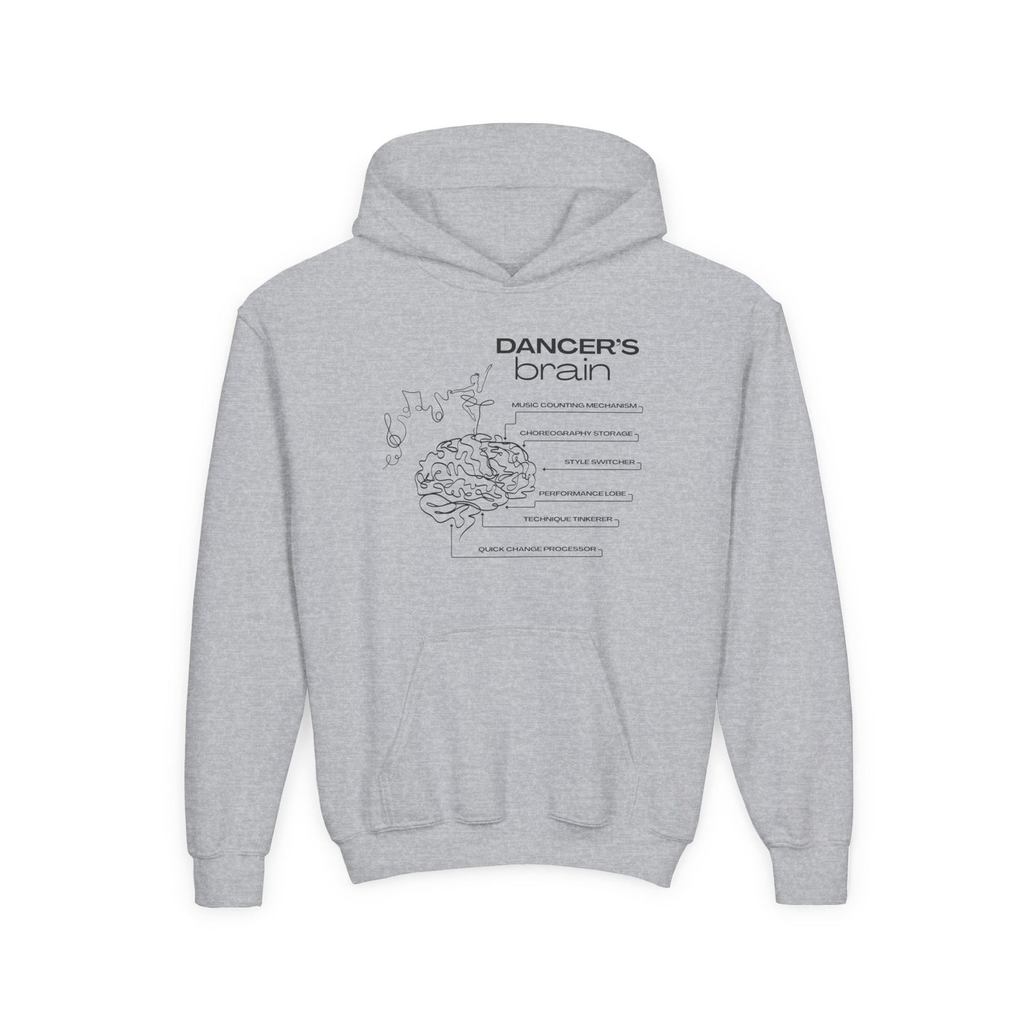 “Dancer’s Brain” Unisex Youth Hoodie with Funny Dance Brain Graphic – Personalized Dance Hoodie for Kids & Teens, Custom Name or Studio Option