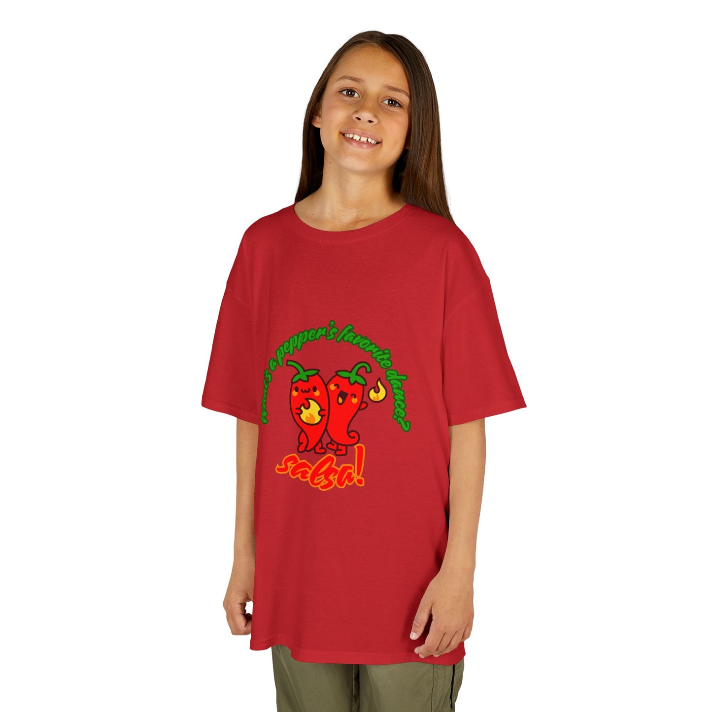 "What’s a Pepper’s Favorite Dance? Salsa!" Youth Short Sleeve Tee – Funny Dance Shirt with Cute Pepper Graphic for Kids