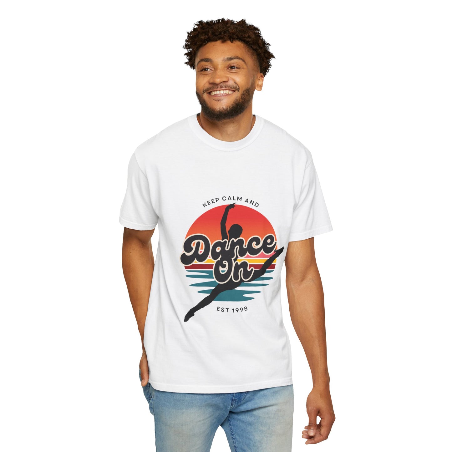 "Keep Calm and Dance On" Unisex Garment-Dyed T-Shirt – Retro Dance Graphic Tee – Vintage-Inspired Comfort Shirt for Dancers