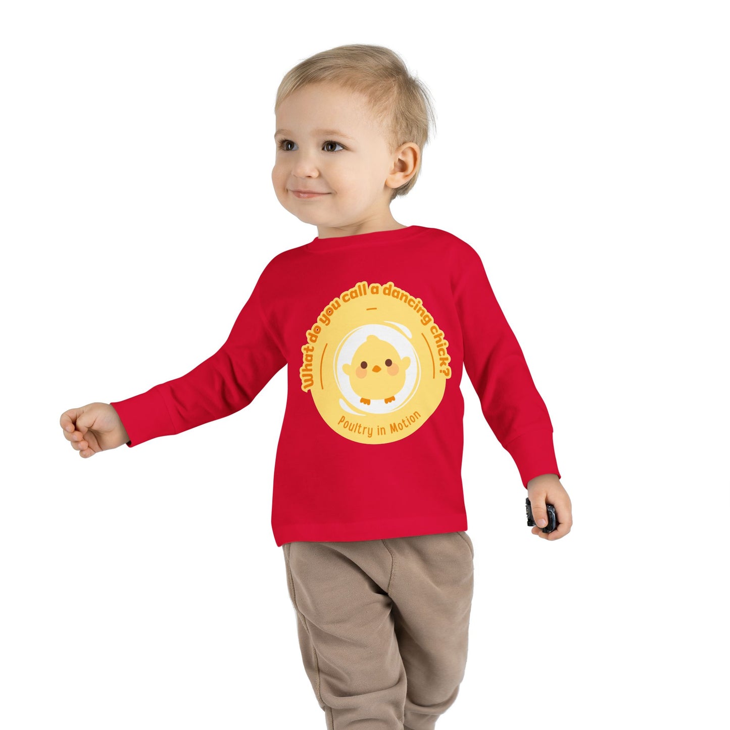 "What Do You Call a Dancing Chick? Poultry in Motion" Toddler Dance T-Shirt – Cute Chicken Graphic Long Sleeve Tee for Kids