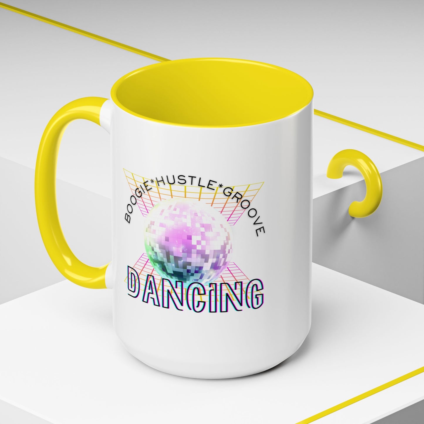 "Boogie, Hustle, Groove - Dancing" Disco Accent Coffee Mug – Fun Retro Dance Gift for Coffee Lovers
