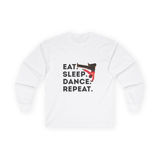 "Eat, Sleep, Dance, Repeat" Unisex Long Sleeve Tee – Bold B-Boy Dance Graphic Shirt for Hip-Hop Dancers & Street Style Lovers