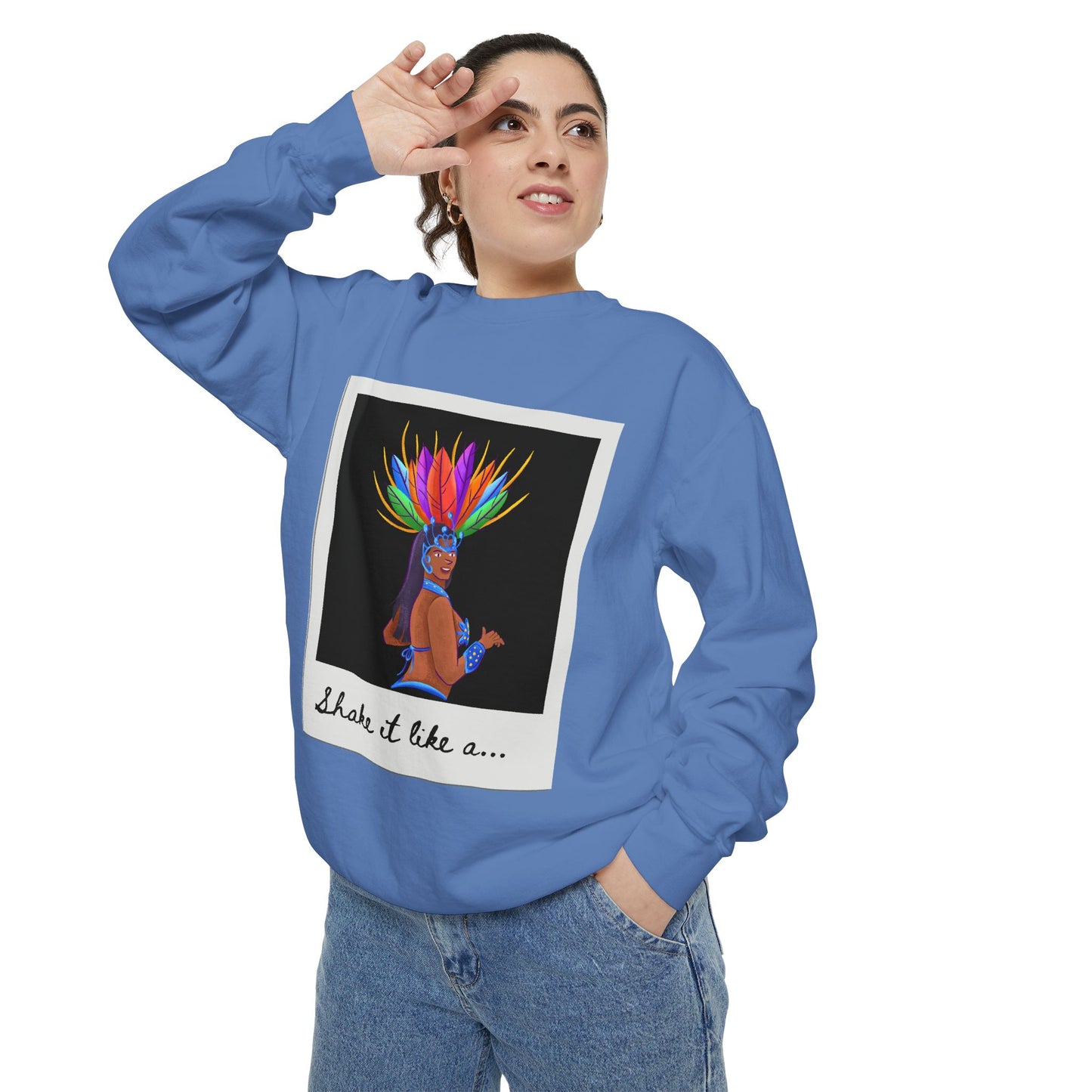 "Shake It Like a..." Unisex Lightweight Crewneck Sweatshirt – Carnival-Inspired Samba Dancer Graphic Pullover for Dance Lovers & Festival Vibes