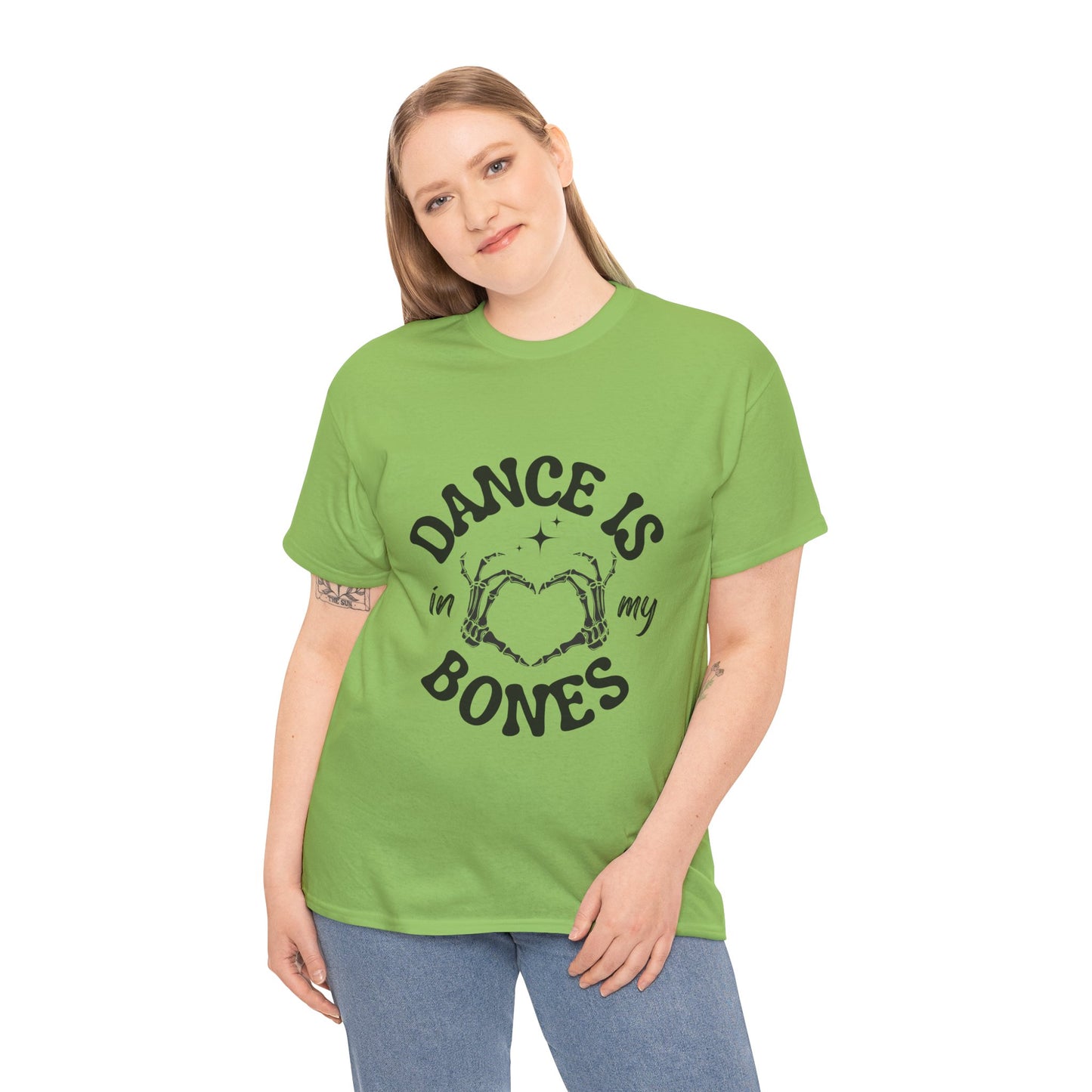 “Dance Is in My Bones” Halloween Dance T-Shirt with Cute Skeleton Heart Graphic - Unisex Heavy Cotton Tee