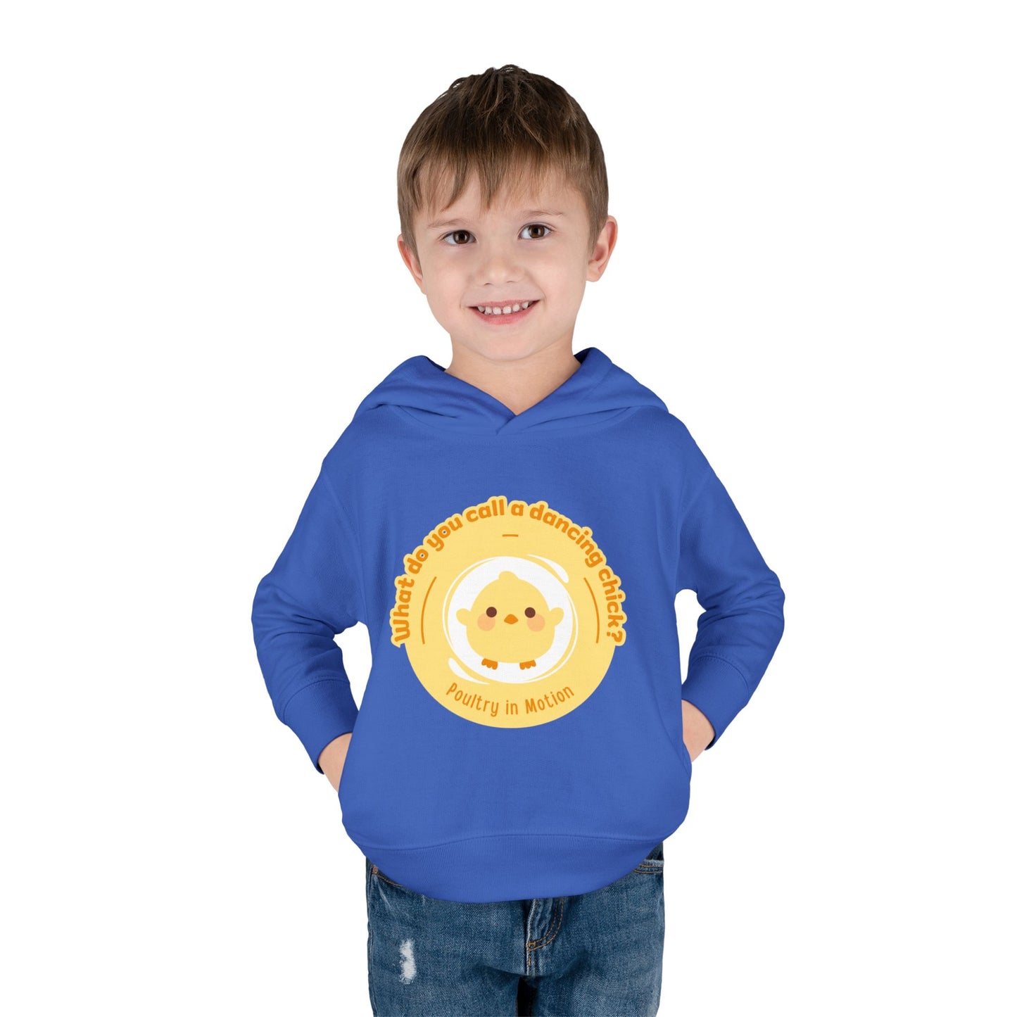 "What do you call a dancing chick? Poultry in Motion." Toddler Pullover Hoodie – Funny Dancing Chicken Pun Graphic Fleece Sweatshirt for Kids