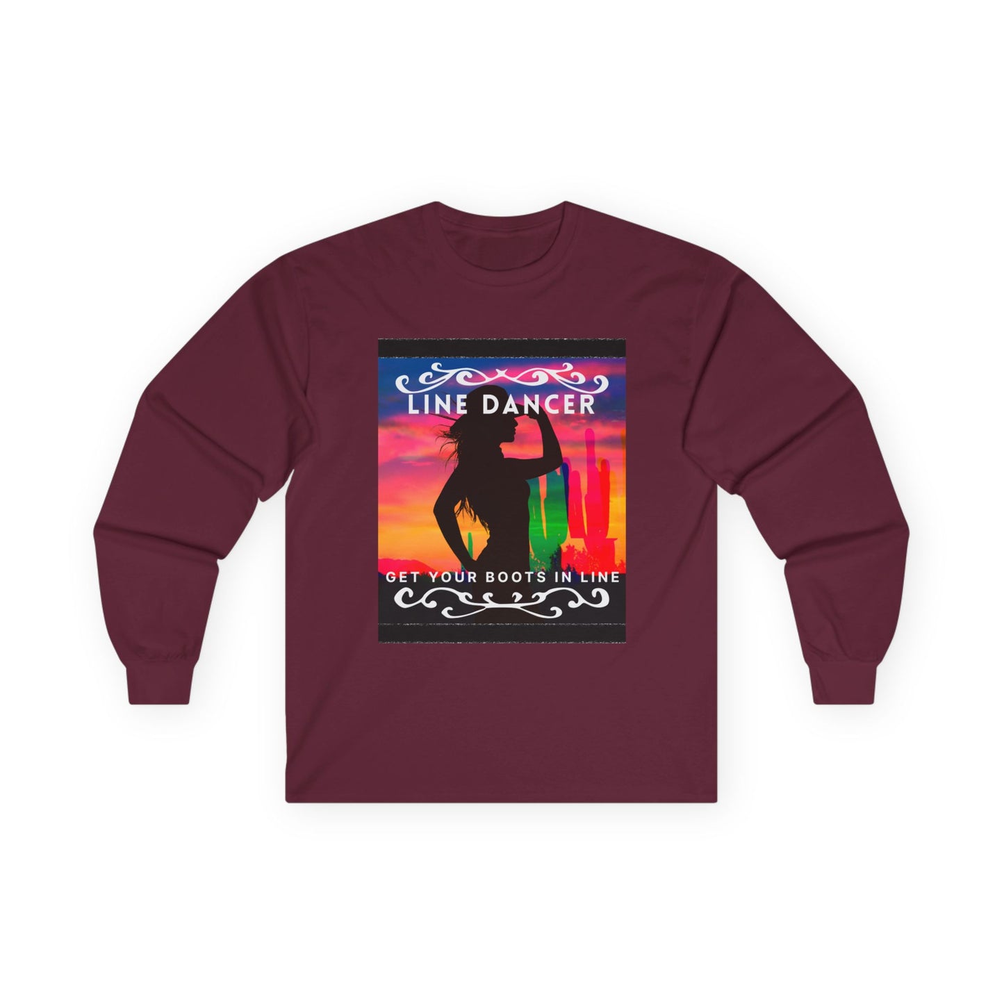 "Line Dancer, Get Your Boots in Line" Western-Inspired Graphic – Unisex Long Sleeve Dance Tee