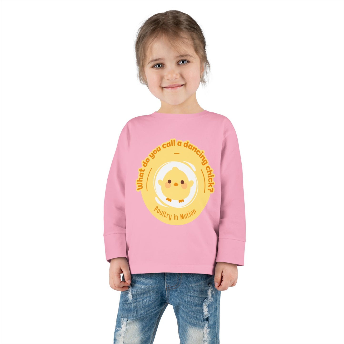 "What Do You Call a Dancing Chick? Poultry in Motion" Toddler Dance T-Shirt – Cute Chicken Graphic Long Sleeve Tee for Kids