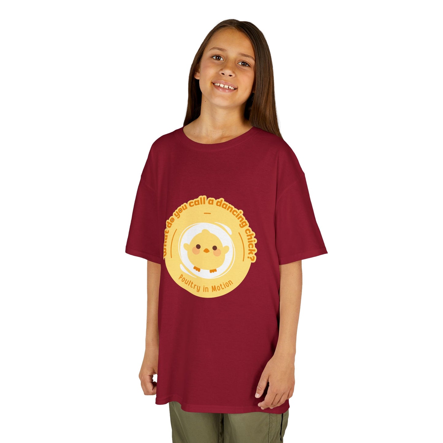 “What do you call a dancing chick? Poultry in Motion” Funny Chick Dance Tee for Kids – Cute Chicken Graphic - Youth Dance Pun T-Shirt