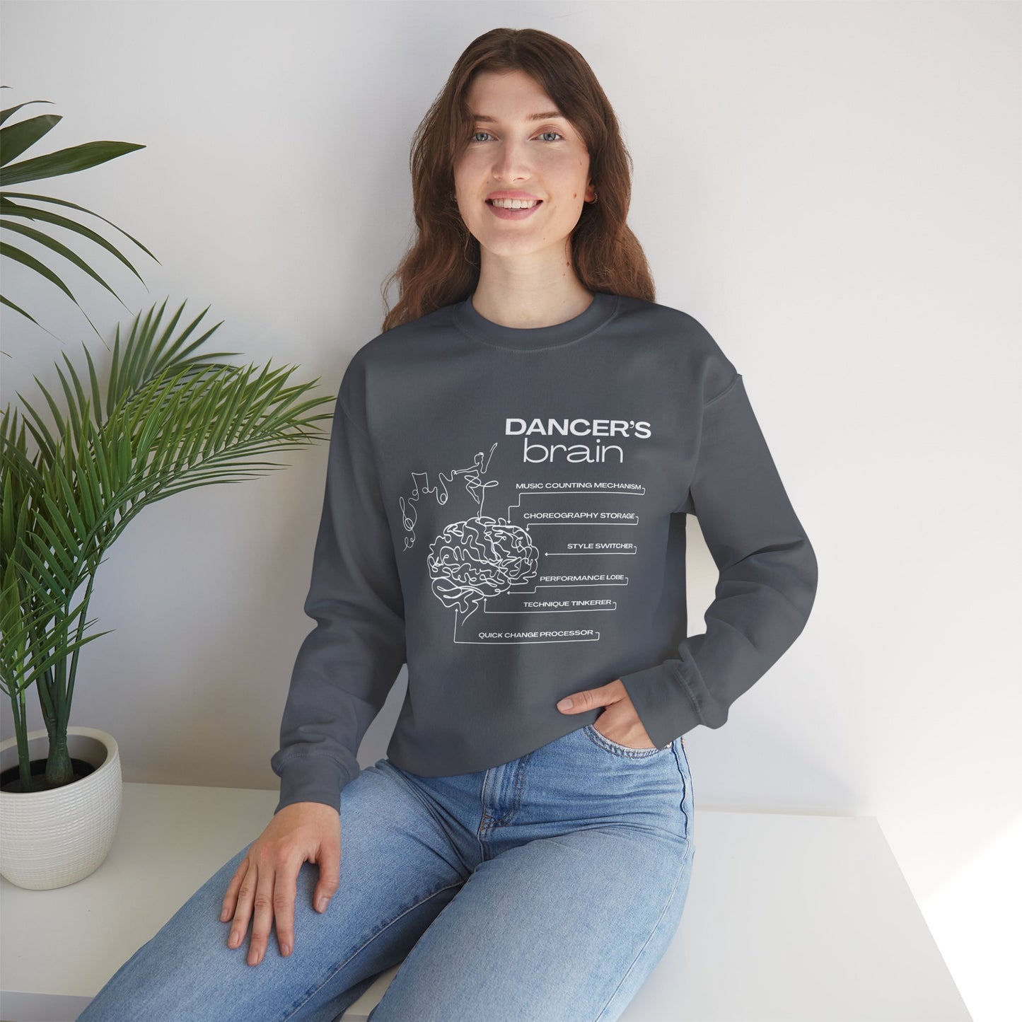 “Dancer’s Brain” Funny Dance Anatomy Sweatshirt – Unisex Heavy Blend Crewneck with Optional Name or Studio Personalization