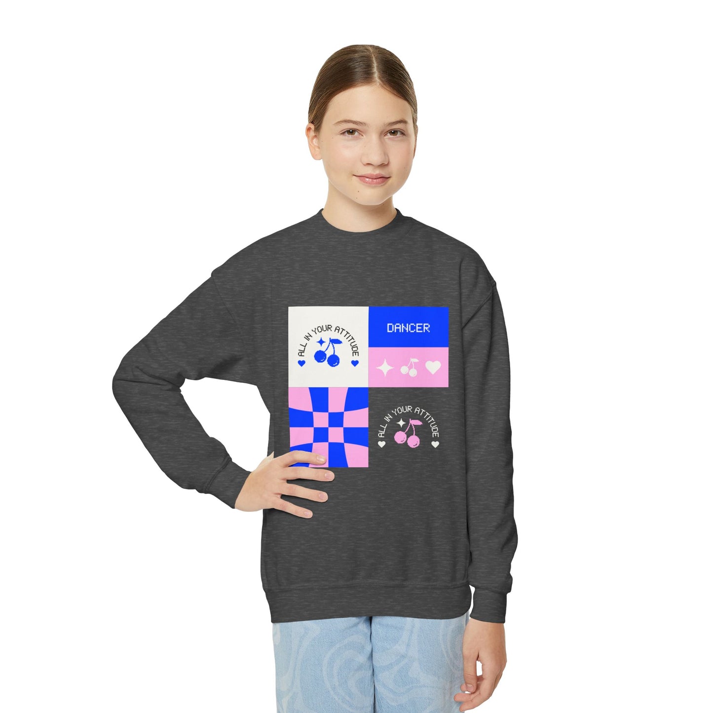 "Dancer – All in Your Attitude" Youth Crewneck Sweatshirt | Retro Dance Graphic Kids Pullover for Confident Movers