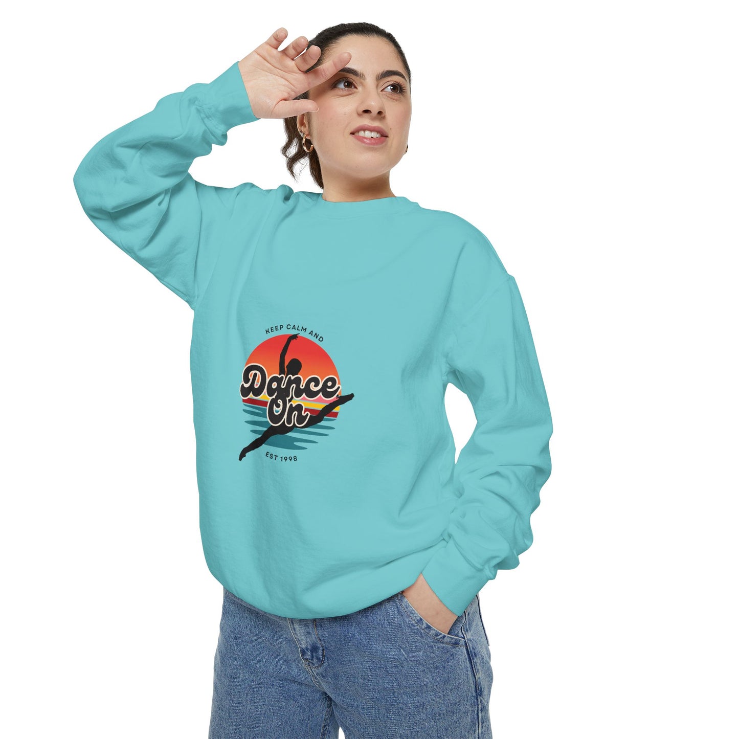 "Keep Calm and Dance On" Unisex Lightweight Crewneck Sweatshirt – Retro-Inspired Dance Graphic Pullover for Dancers & Movement Lovers