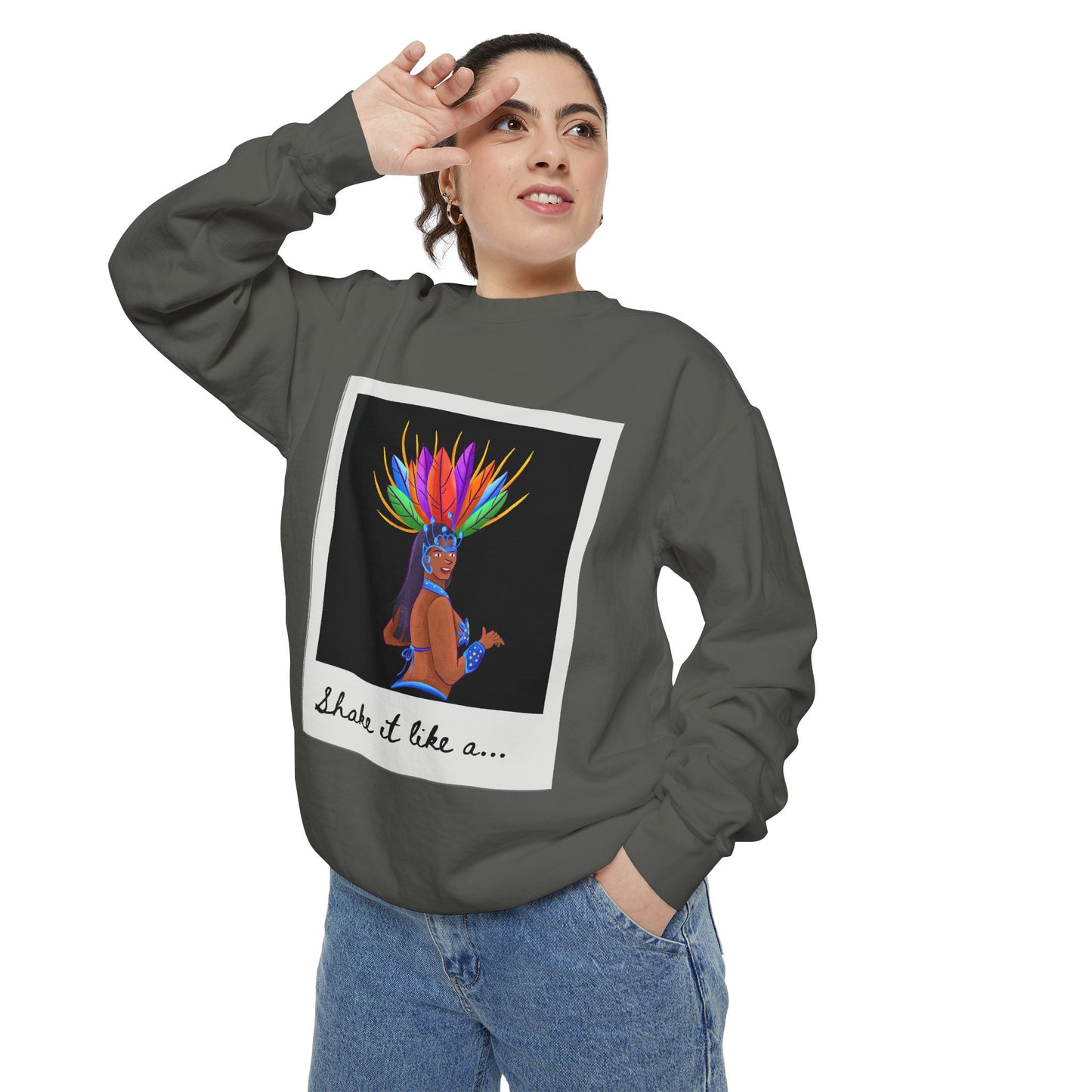 "Shake It Like a..." Unisex Lightweight Crewneck Sweatshirt – Carnival-Inspired Samba Dancer Graphic Pullover for Dance Lovers & Festival Vibes