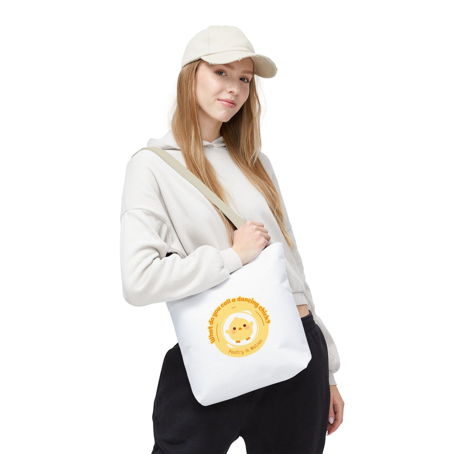 "What do you call a dancing chick? Poultry in Motion" Funny Dance Tote Bag – Kawaii Chicken Canvas Tote for Dancers & Dance Lovers
