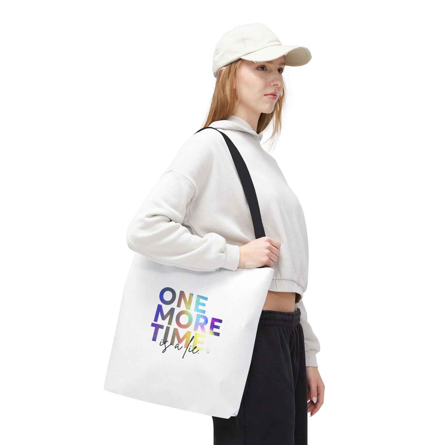 "One More Time Is a Lie" Dance Quote Canvas Tote Bag – Funny Colorful Text Graphic Dance Bag for Rehearsals, Studio & Everyday Use