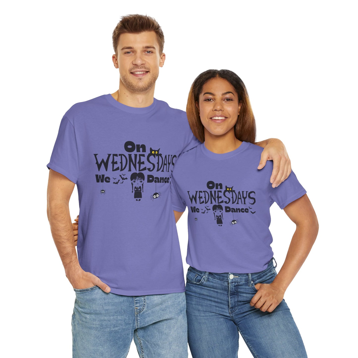“On Wednesdays We Dance” Gothic Halloween T-Shirt with Cute Girl, Black Cat, Spiders & Bats - Unisex Heavy Cotton Tee