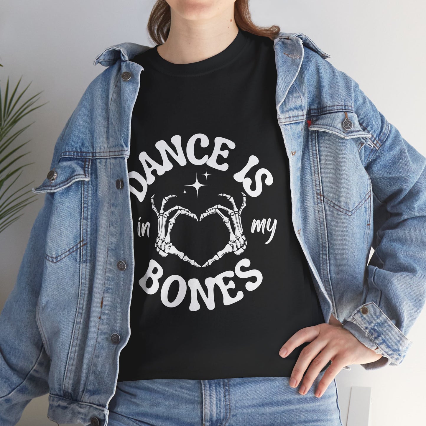 “Dance Is in My Bones” Halloween Dance T-Shirt with Cute Skeleton Heart Graphic - Unisex Heavy Cotton Tee