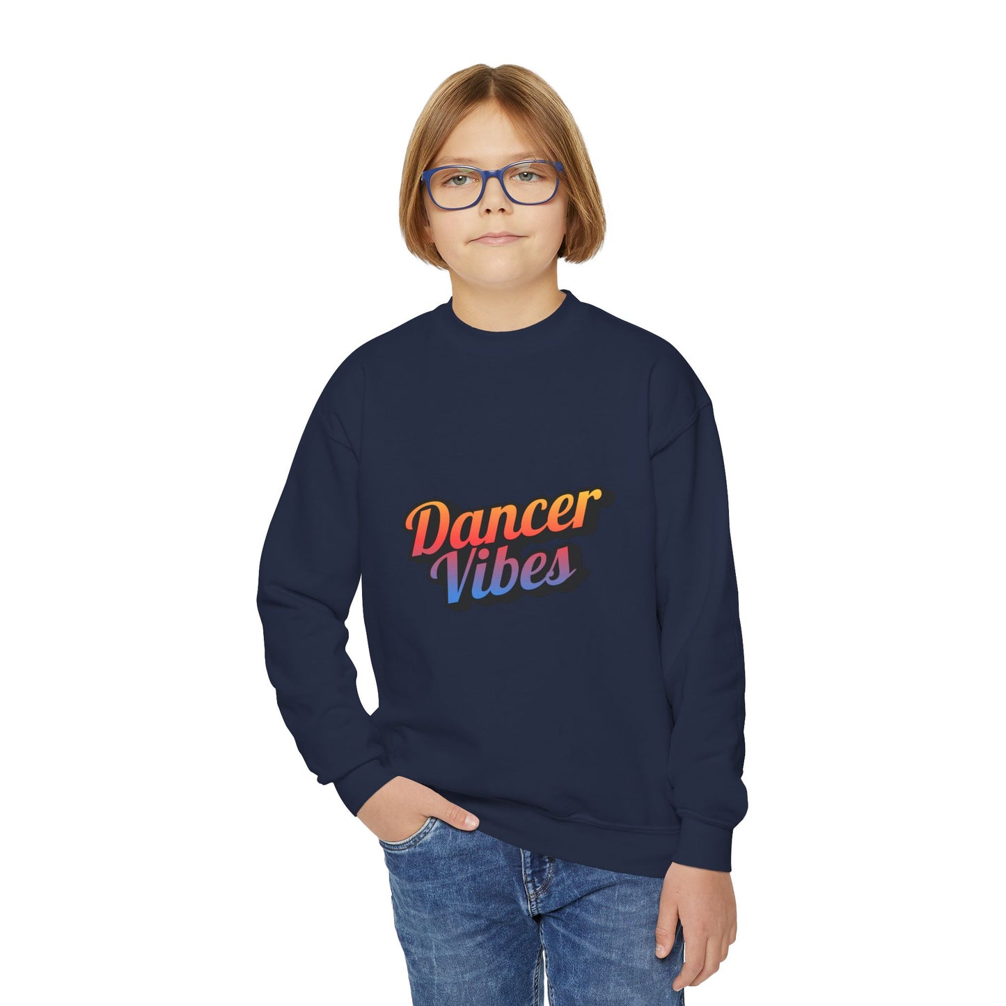 "Dancer Vibes" Youth Crewneck Sweatshirt – Colorful Text-Based Dance Graphic Pullover for Kids and Teens