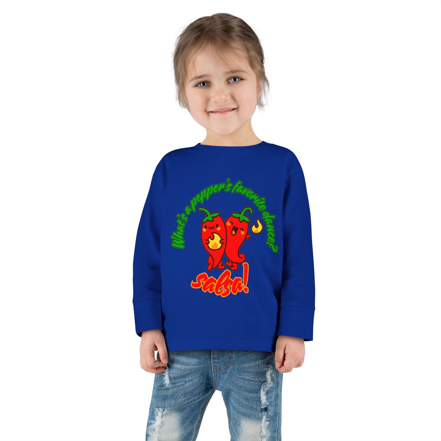 "What Is a Pepper's Favorite Dance? Salsa!" Toddler Dance T-Shirt – Cute Pepper Pun Graphic Long Sleeve Tee for Kids