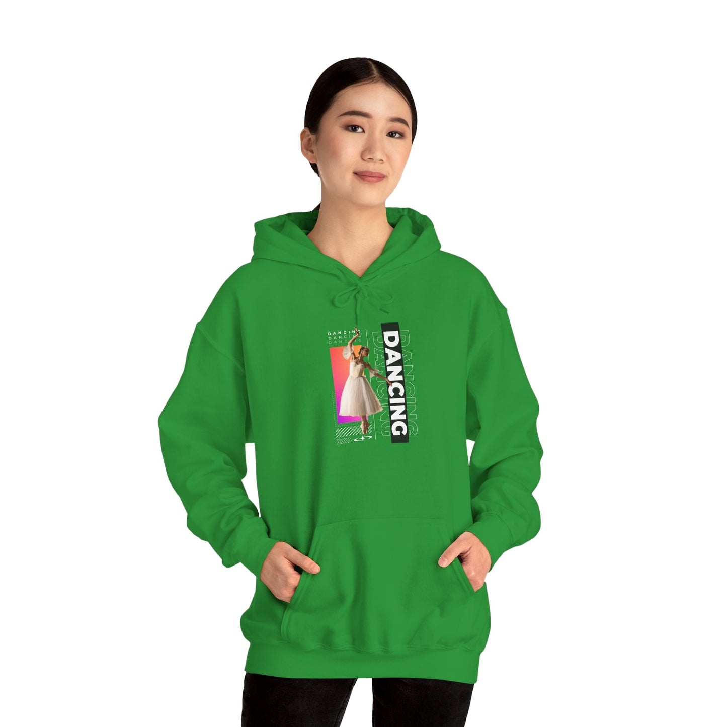 “Dancing” Text with Streetwear-Style Female Dancer Graphic - Unisex Heavy Blend™ Hooded Sweatshirt – Cozy Dance Hoodie for Ballet & Hip-Hop Enthusiasts