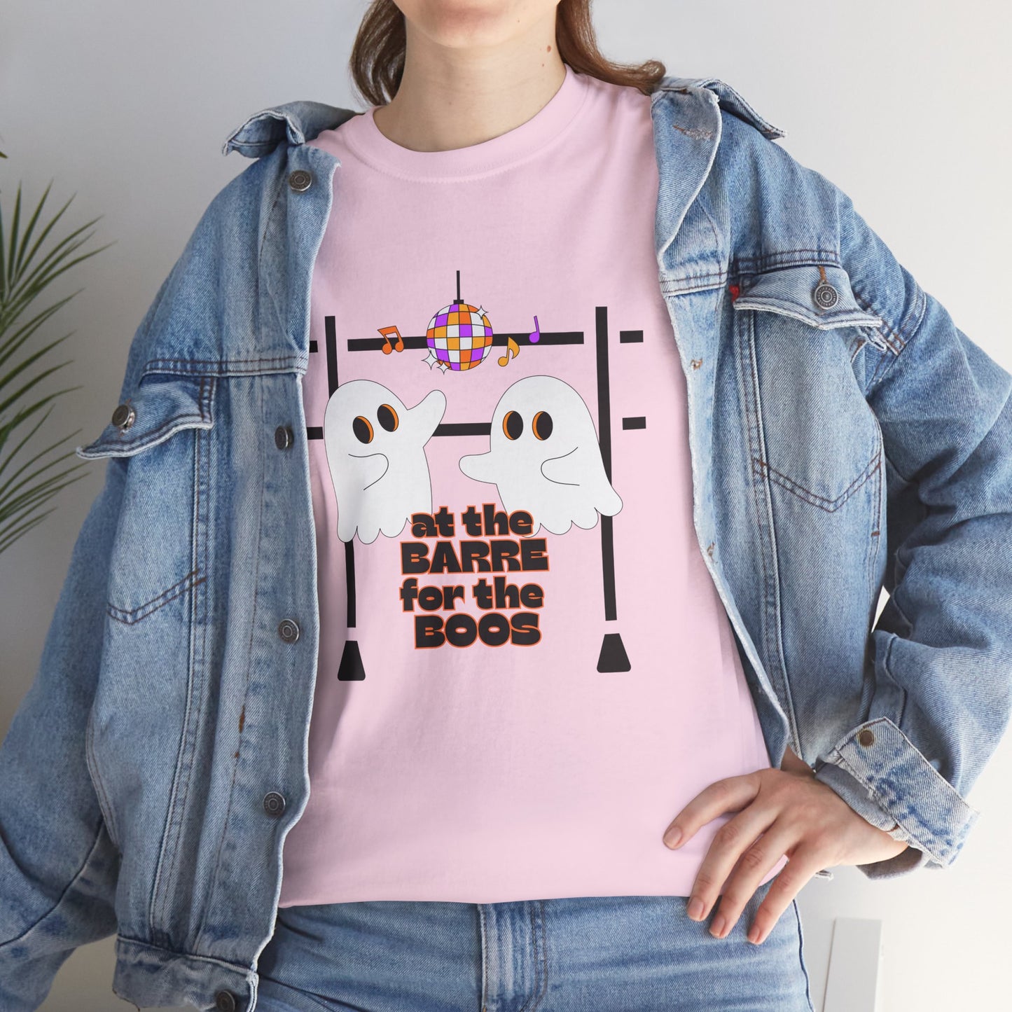 “At the Barre for the Boos” Dance Halloween T-Shirt with Cute Ghost Ballet Graphics - Unisex Heavy Cotton Tee