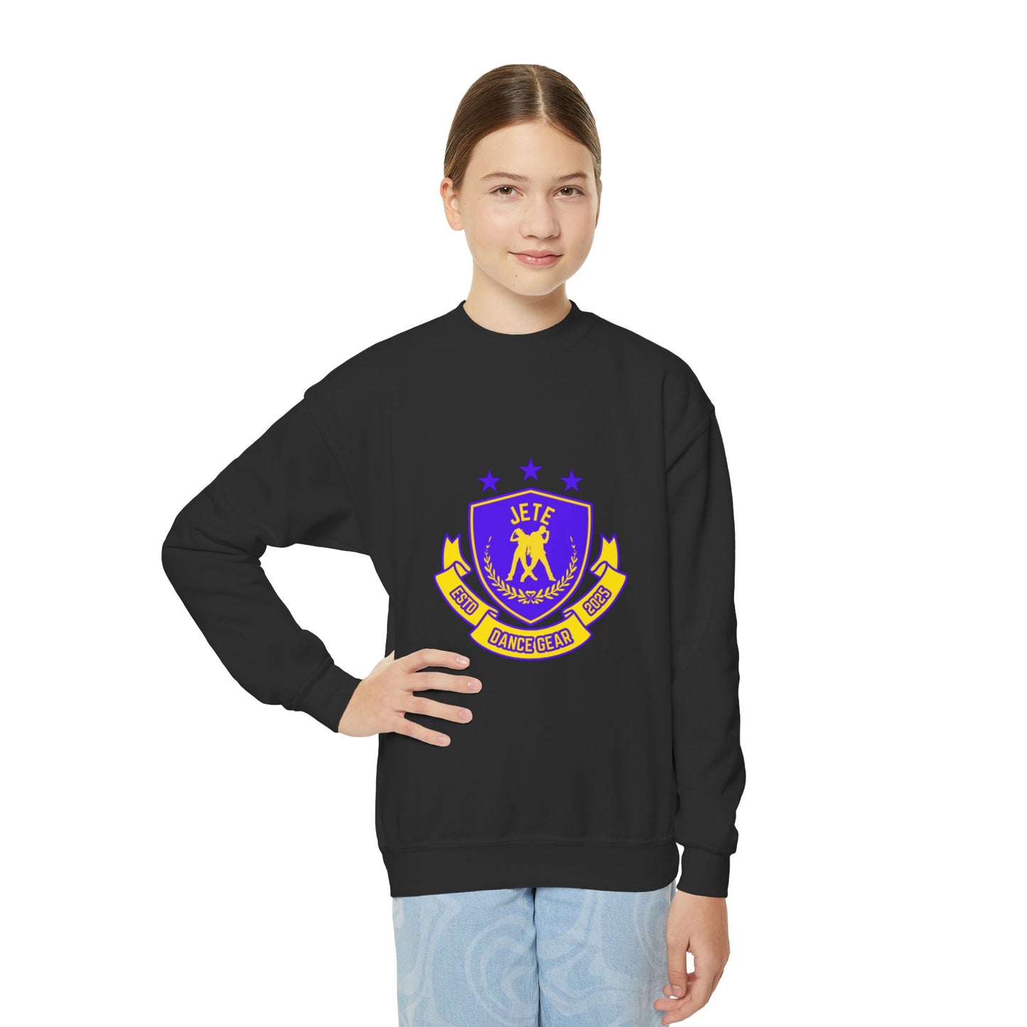 "Jeté Dance Gear" – Collegiate Style Youth Crewneck Sweatshirt | Bold Kids Dance Team Pullover