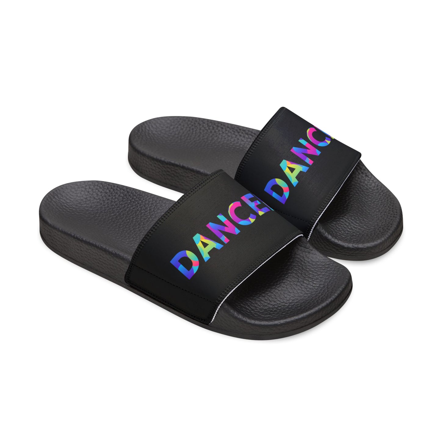 WOMEN'S SIZES - “Dancer” Colorful Text – Dance-Inspired Custom Slides with Removable Straps | Women’s Sandal Slides