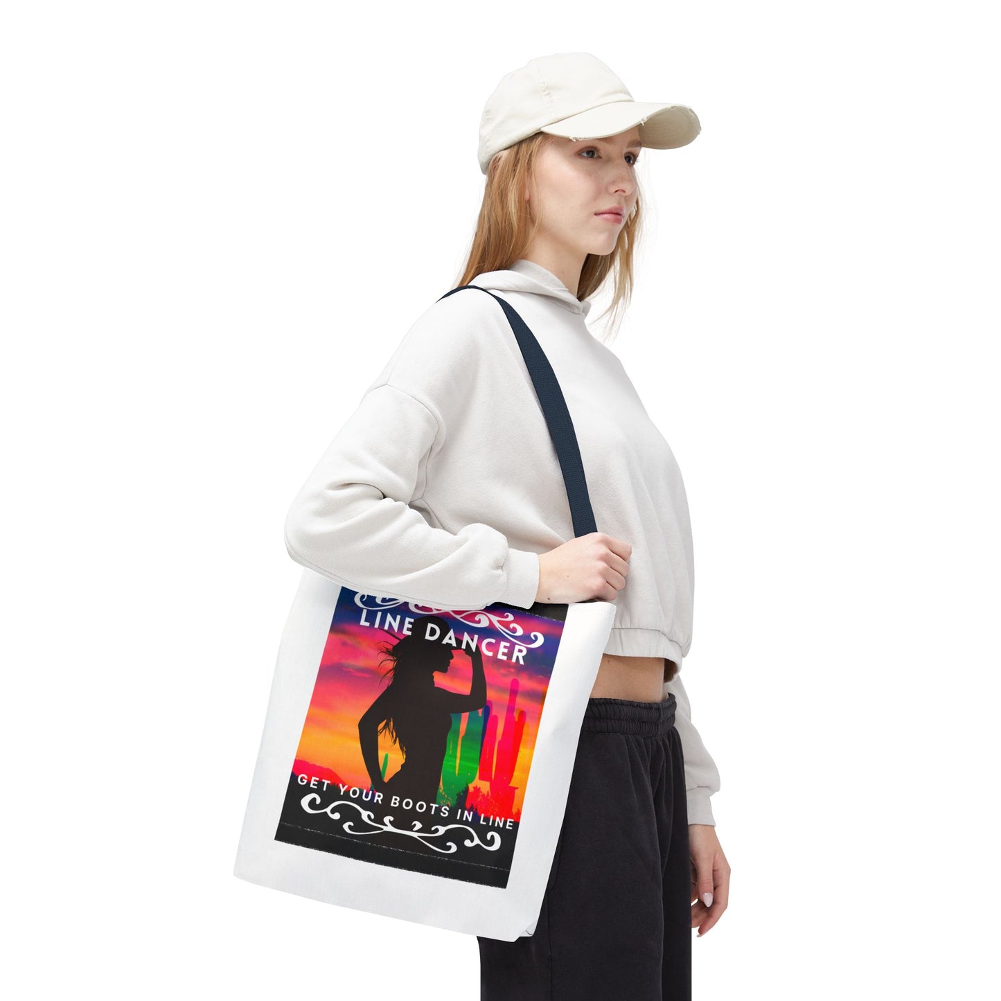 "Line Dancer, Boots on the Ground” Canvas Tote Bag – Cowgirl Graphic | Western Dance Bag for Country Lovers & Line Dancing Fans