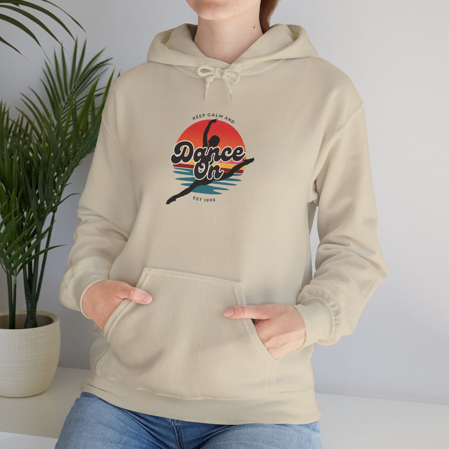“Keep Calm and Dance On” Retro Hoodie – Unisex Dance-Inspired Hooded Sweatshirt for Dancers & Movement Lovers