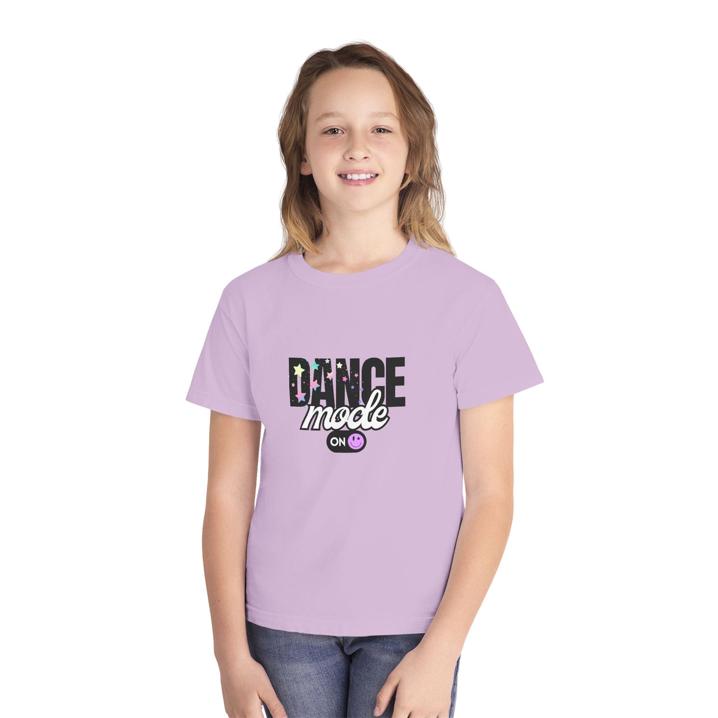 “Dance Mode On" Comfort Colors Youth Midweight T-Shirt – Pastel Stars & Smiley Face Dance Graphic Tee for Kids
