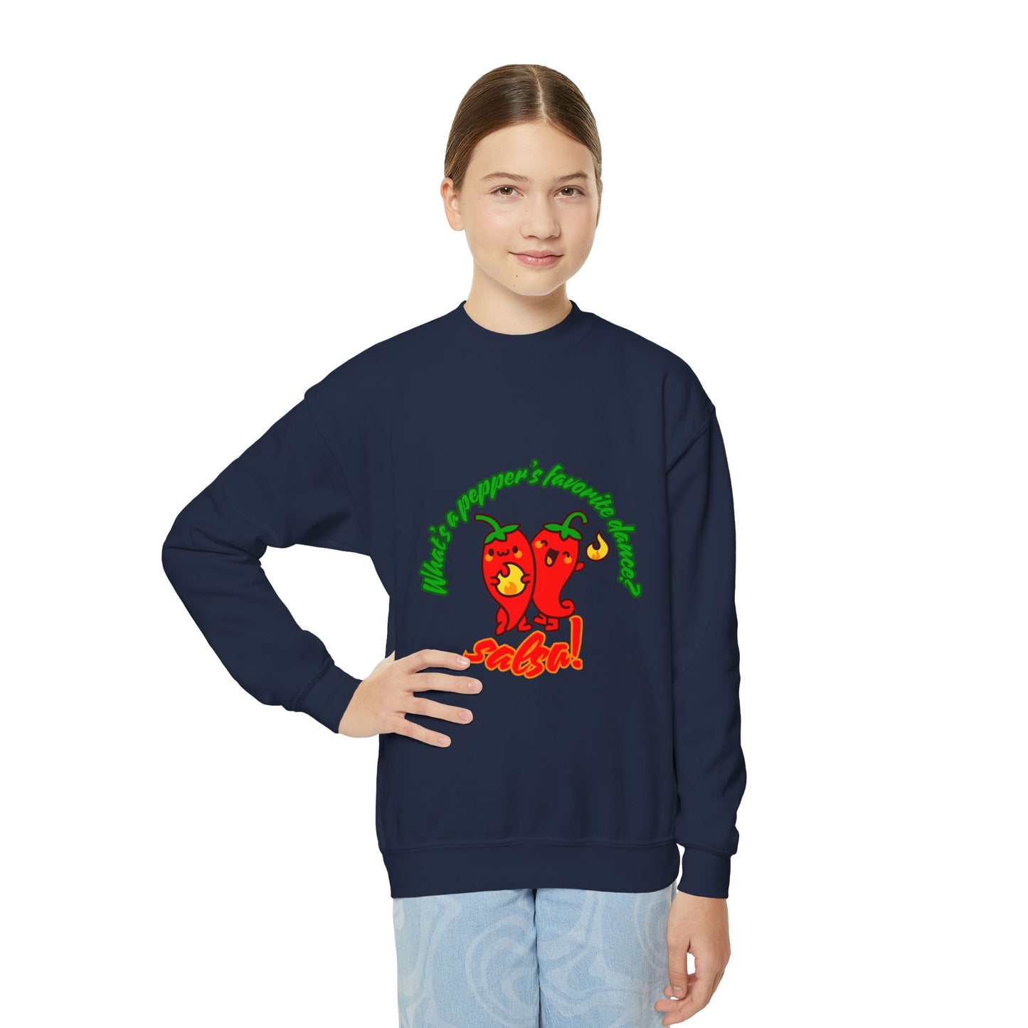 "What's a pepper's favorite dance? Salsa!" – Funny Dance Pun Youth Crewneck Sweatshirt | Cute Pepper Graphic Kids Pullover for Dancers