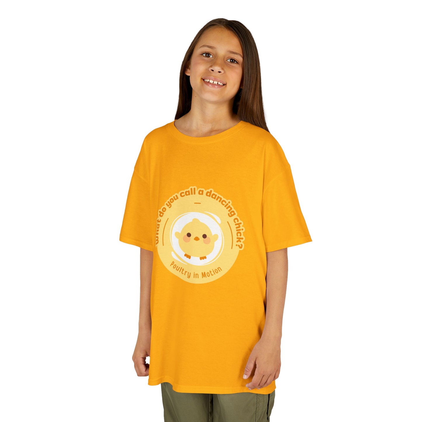 “What do you call a dancing chick? Poultry in Motion” Funny Chick Dance Tee for Kids – Cute Chicken Graphic - Youth Dance Pun T-Shirt