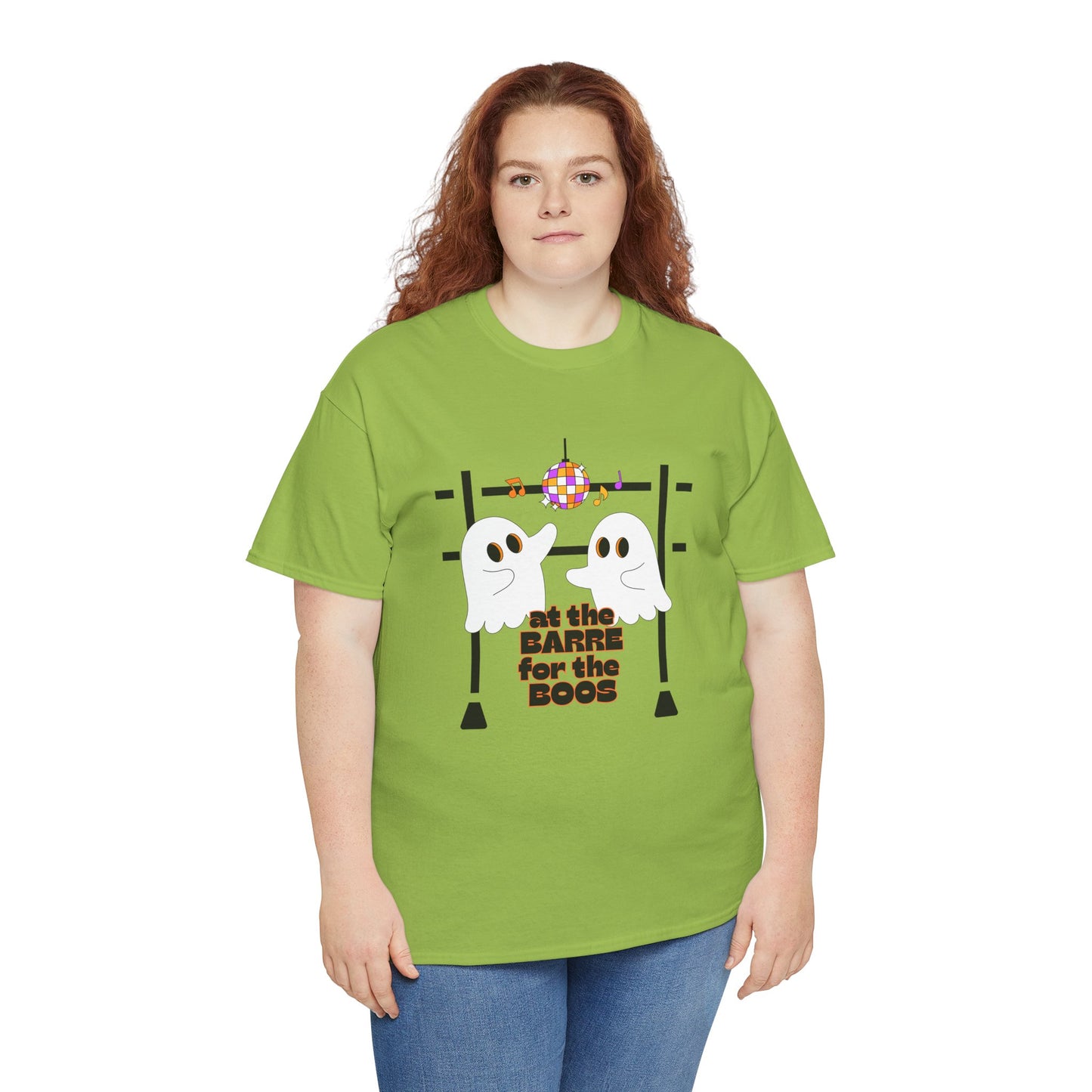 “At the Barre for the Boos” Dance Halloween T-Shirt with Cute Ghost Ballet Graphics - Unisex Heavy Cotton Tee
