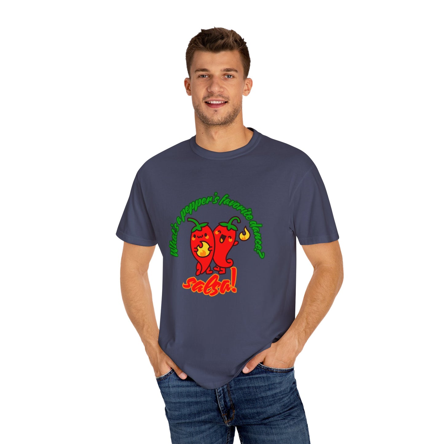 "What's a Pepper's Favorite Dance? Salsa!" Dance Pun Unisex Garment-Dyed T-Shirt – Funny Dance Joke Tee with Cute Pepper Graphic – Dance Humor Shirt for Food & Pun Lovers