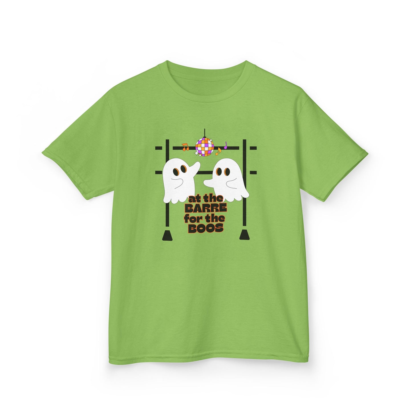 “At the Barre for the Boos” Halloween Dance T-Shirt with Cute Ghost Ballet Graphics - Kids Heavy Cotton™ Tee