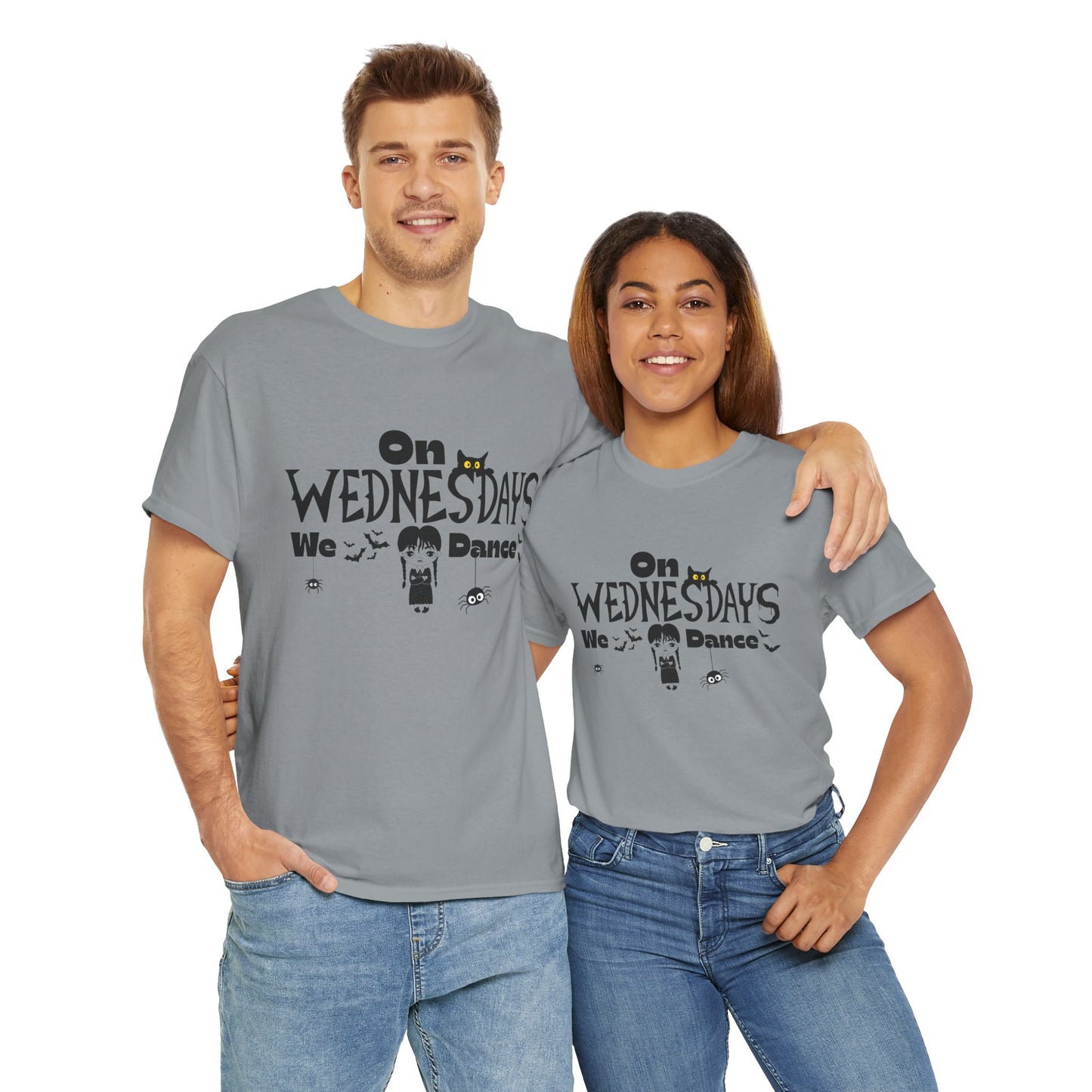 “On Wednesdays We Dance” Gothic Halloween T-Shirt with Cute Girl, Black Cat, Spiders & Bats - Unisex Heavy Cotton Tee
