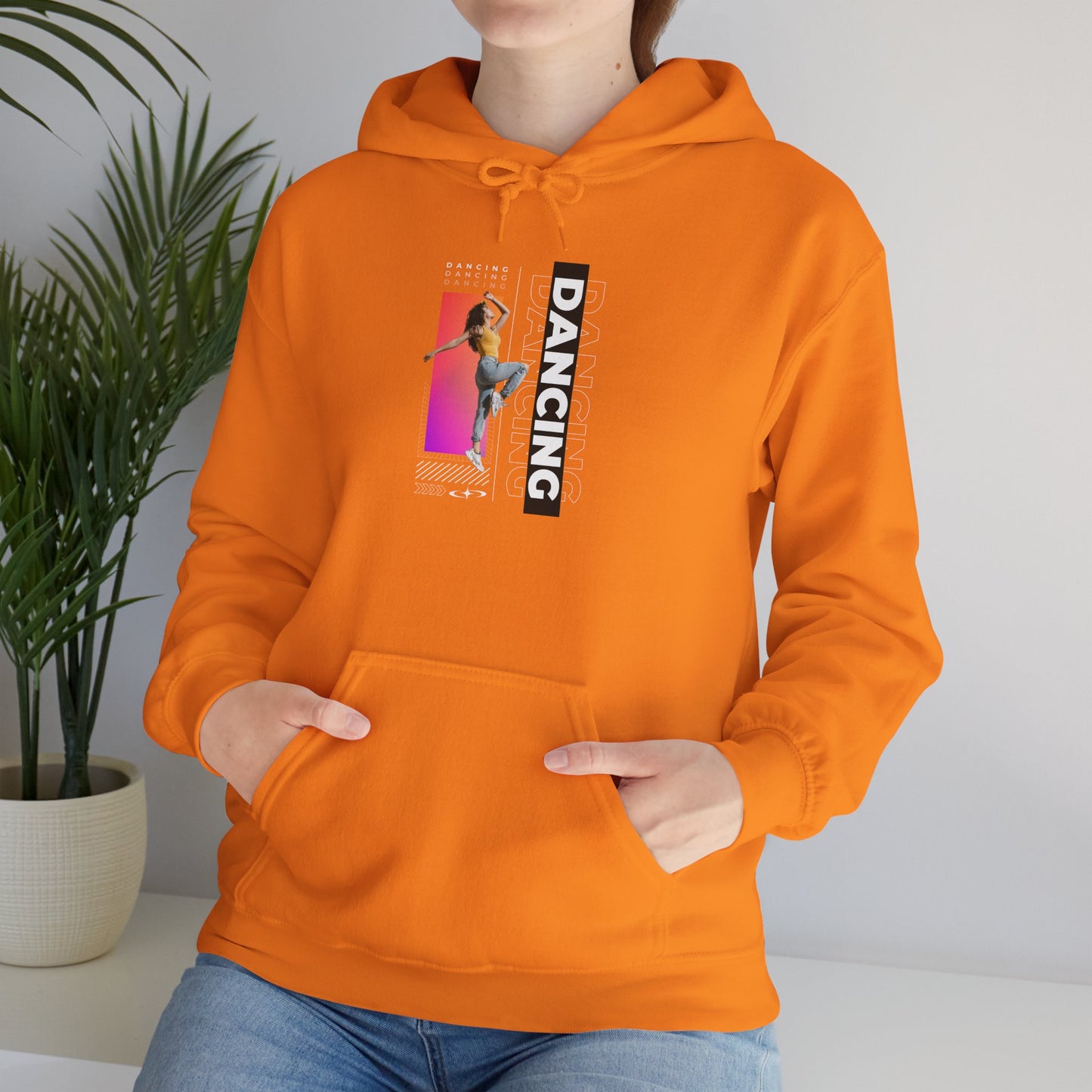 Dancing” Text with Streetwear-Style Female Dancer Graphic - Unisex Heavy Blend™ Hooded Sweatshirt – Cozy Dance Hoodie for Ballet & Hip-Hop Enthusiasts