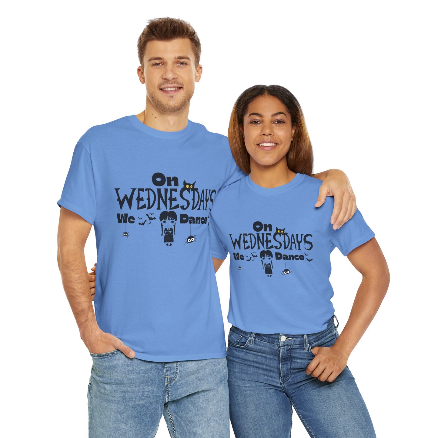 “On Wednesdays We Dance” Gothic Halloween T-Shirt with Cute Girl, Black Cat, Spiders & Bats - Unisex Heavy Cotton Tee