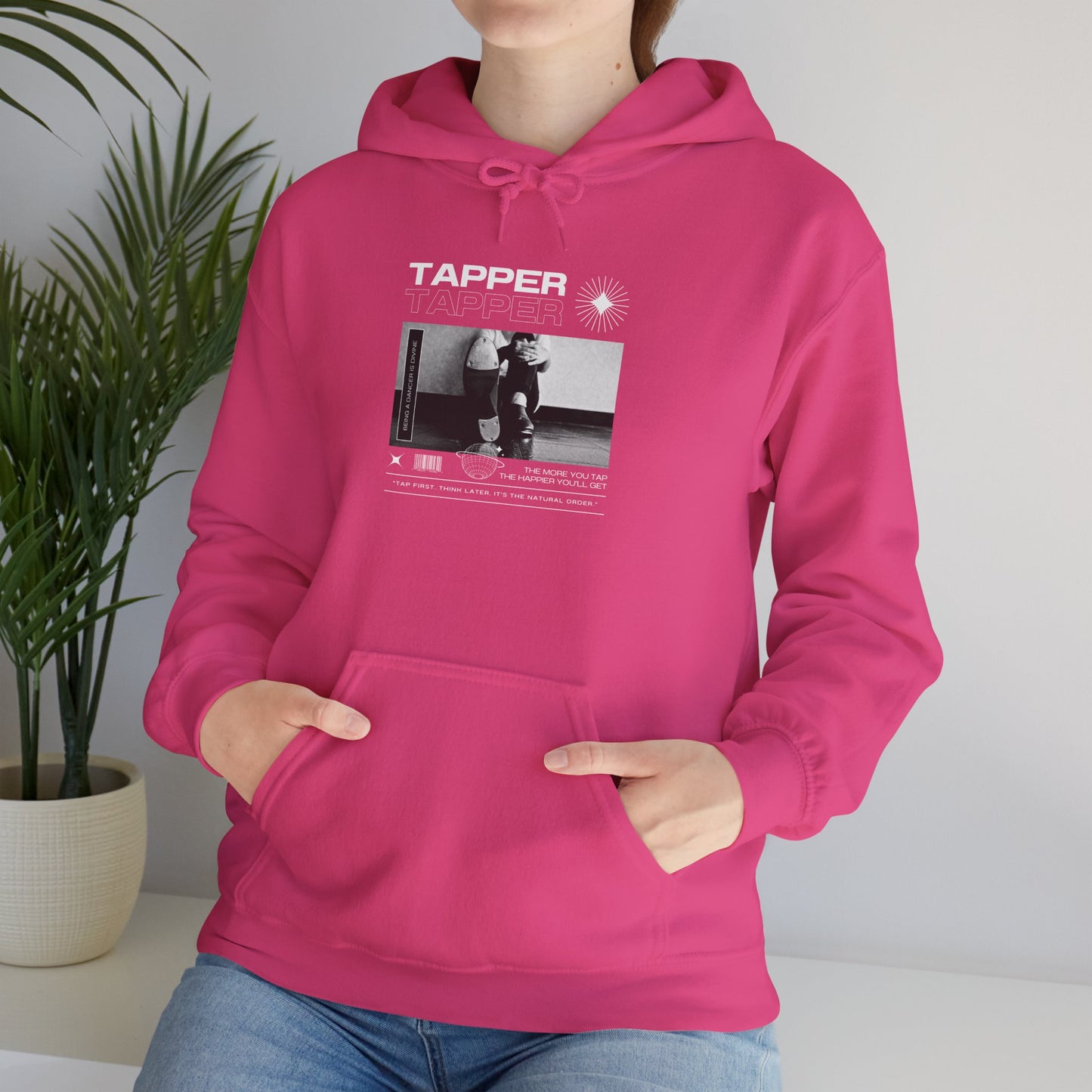 “Tapper” Tap Dance Text with Streetwear-Style Tap Shoes Graphic – Unisex Heavy Blend™ Hooded Sweatshirt – Cozy Dance Hoodie for Tap Dancers & Performing Arts Fans