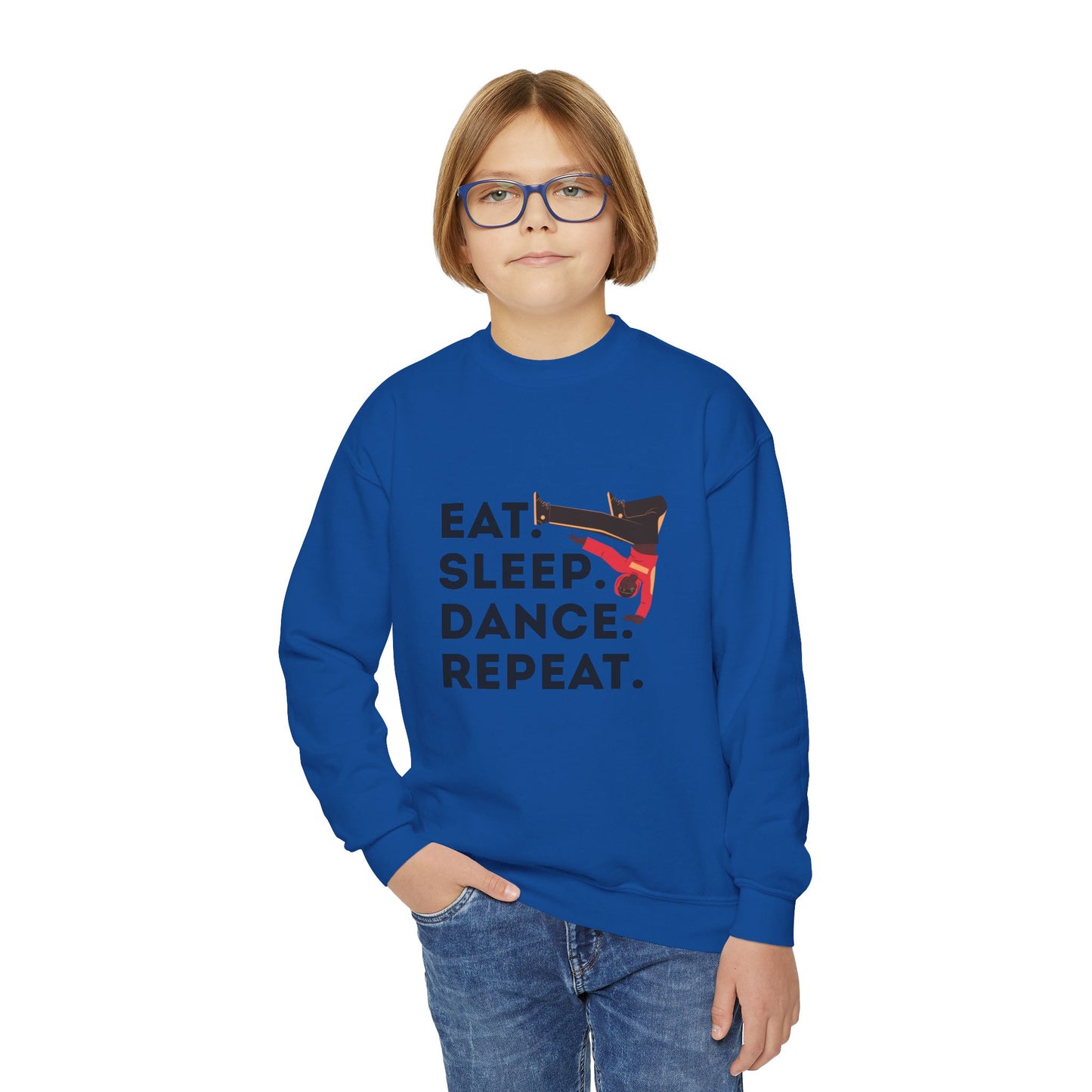 "Eat Sleep Dance Repeat" – Bold B-Boy Graphic Youth Crewneck Sweatshirt | Hip Hop Dance Kids Pullover