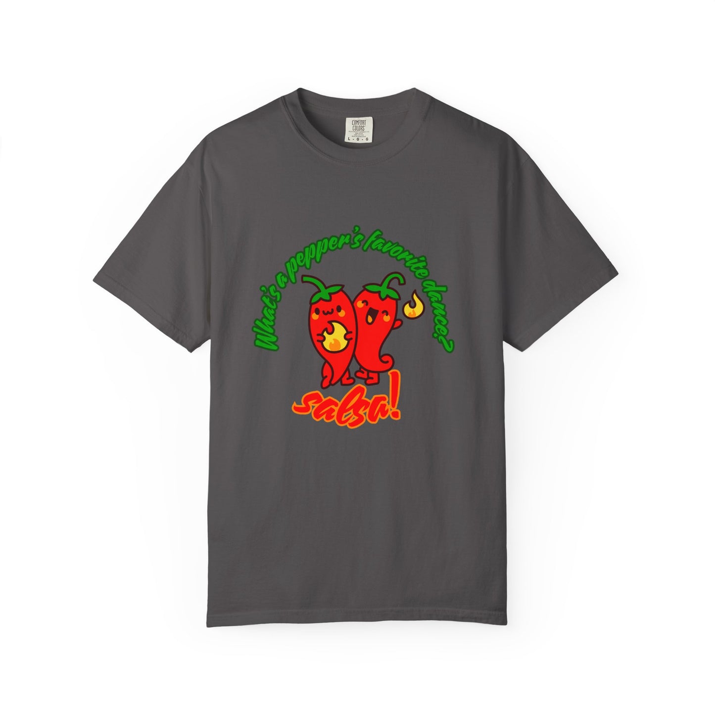 "What's a Pepper's Favorite Dance? Salsa!" Dance Pun Unisex Garment-Dyed T-Shirt – Funny Dance Joke Tee with Cute Pepper Graphic – Dance Humor Shirt for Food & Pun Lovers