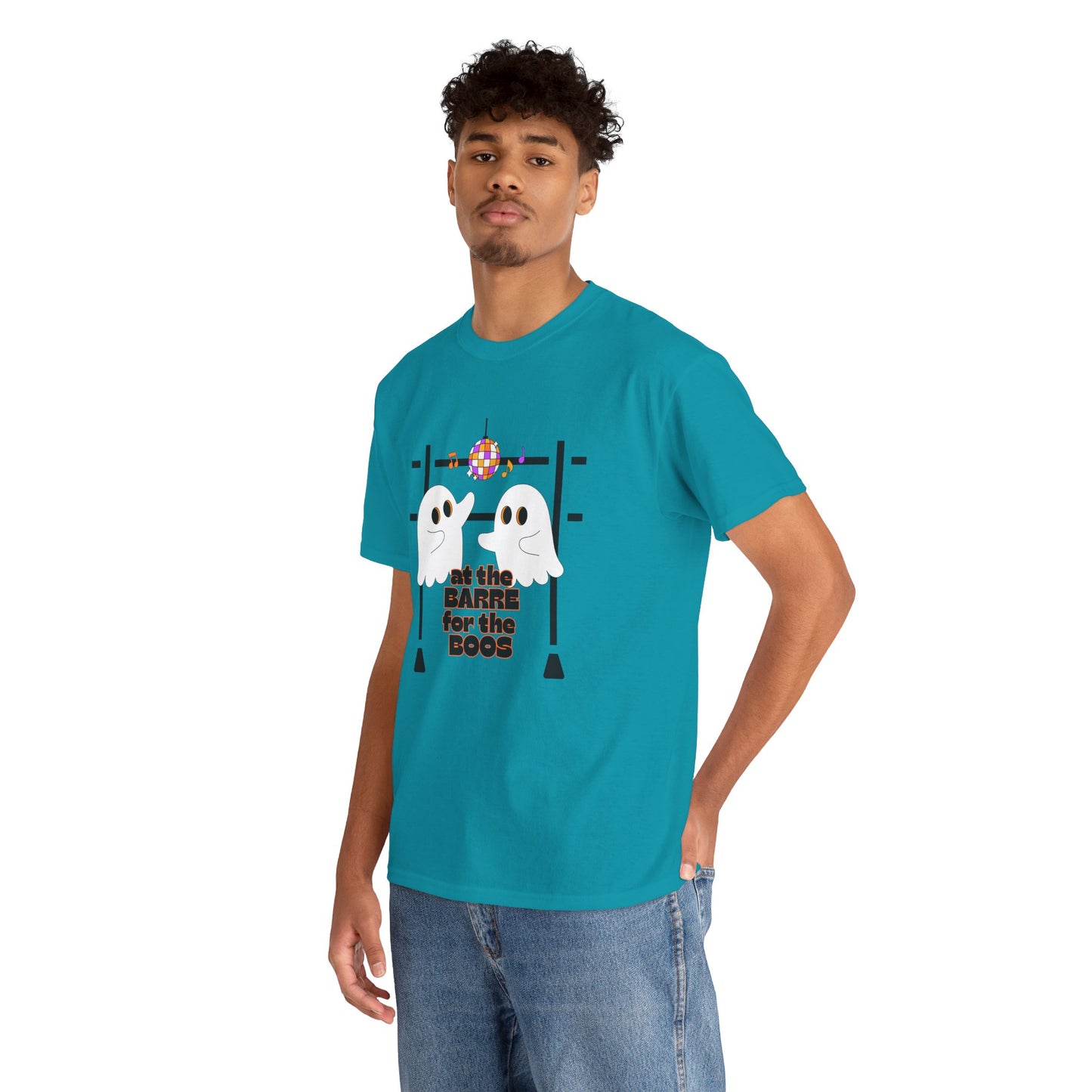 “At the Barre for the Boos” Dance Halloween T-Shirt with Cute Ghost Ballet Graphics - Unisex Heavy Cotton Tee