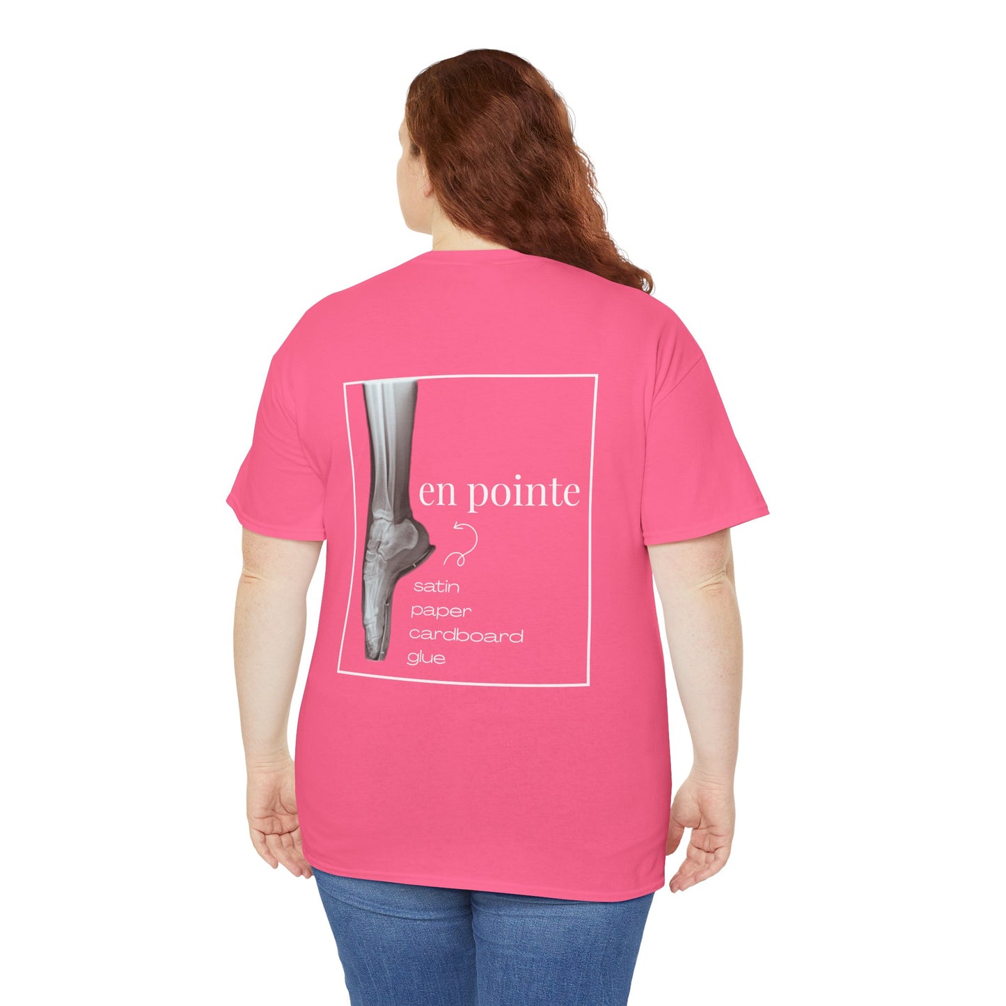 “I Dance en Pointe” X-Ray Ballet T-Shirt – Unisex Heavy Cotton Tee Featuring Pointe Shoe Foot Graphic with Optional Name or Studio Personalization on the back