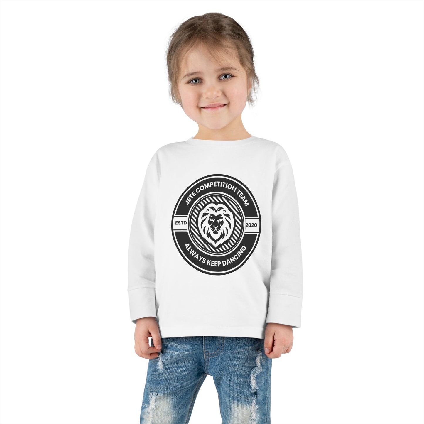 "Jeté Competition Team – Always Keep Dancing" Toddler Dance T-Shirt – Collegiate-Inspired Emblem Graphic Long Sleeve Tee for Kids