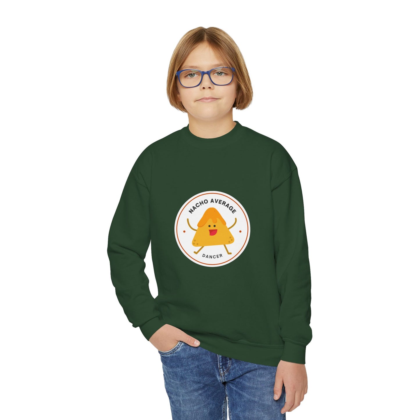 "Nacho Average Dancer" – Funny Youth Crewneck Dance Sweatshirt | Cute Nacho Graphic Kids Pullover