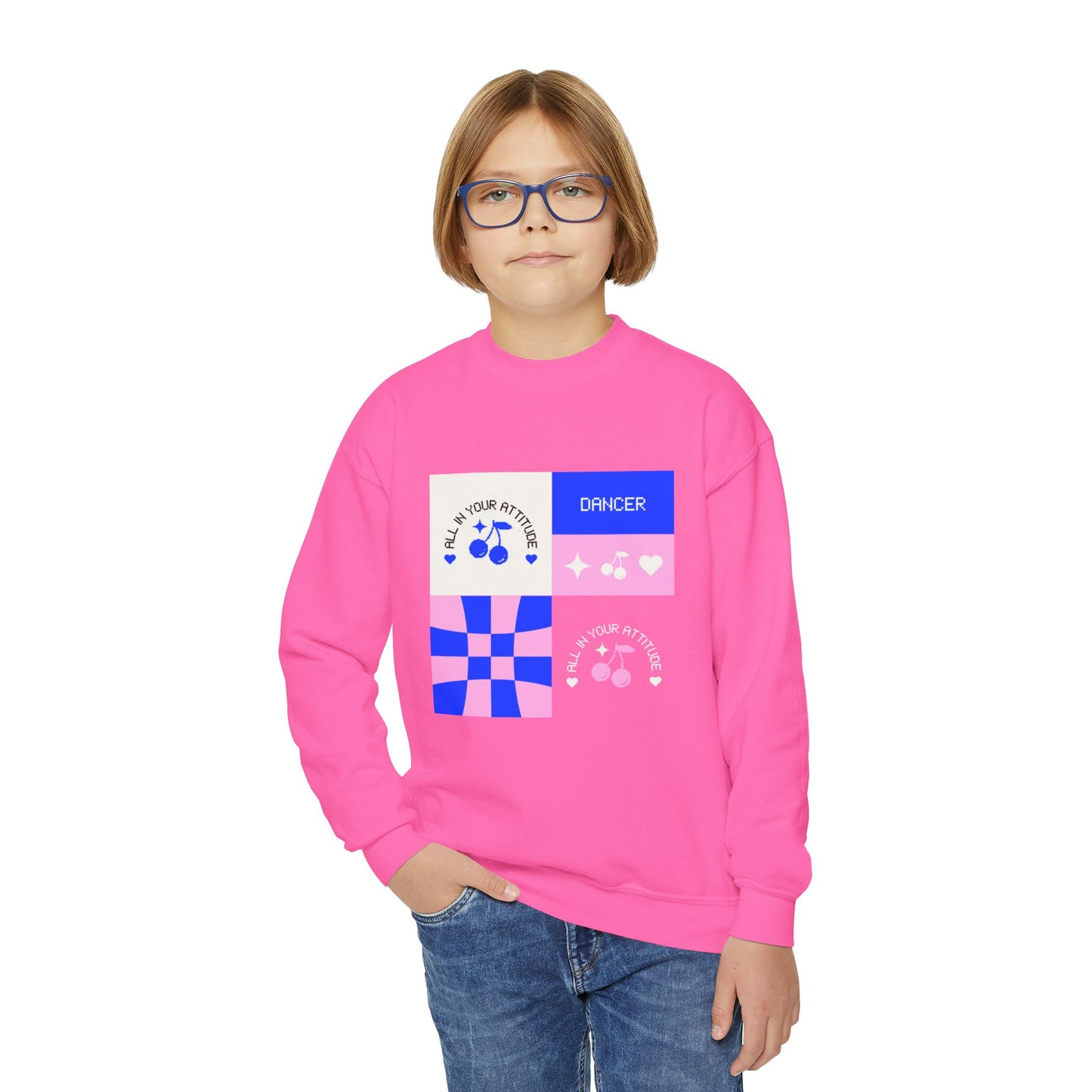 "Dancer – All in Your Attitude" Youth Crewneck Sweatshirt | Retro Dance Graphic Kids Pullover for Confident Movers