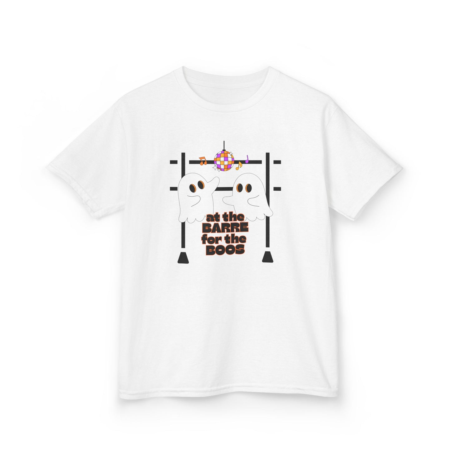 “At the Barre for the Boos” Halloween Dance T-Shirt with Cute Ghost Ballet Graphics - Kids Heavy Cotton™ Tee