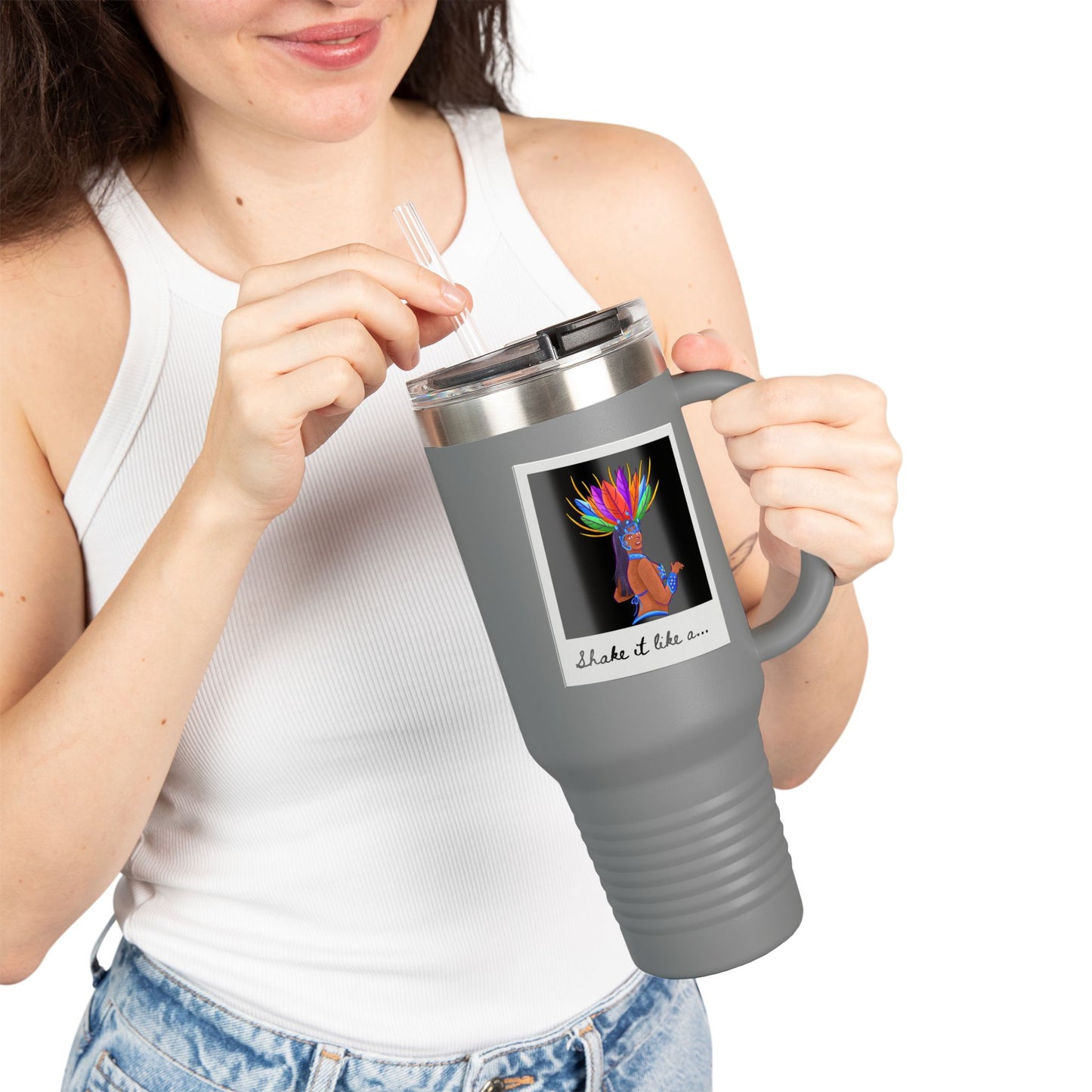 "Shake It Like a..." 40oz Insulated Travel Mug – Carnival Samba Dancer Graphic | Fun Dance-Themed Stainless Steel Tumbler for Hot & Cold Drinks