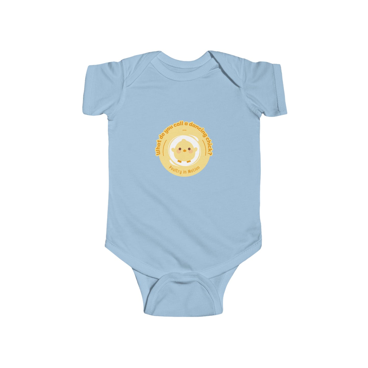 "What do you call a dancing chick? Poultry in Motion" Infant Short Sleeve Bodysuit – Funny Dancing Chick Baby Outfit, Cute Dance-Themed Baby Gift