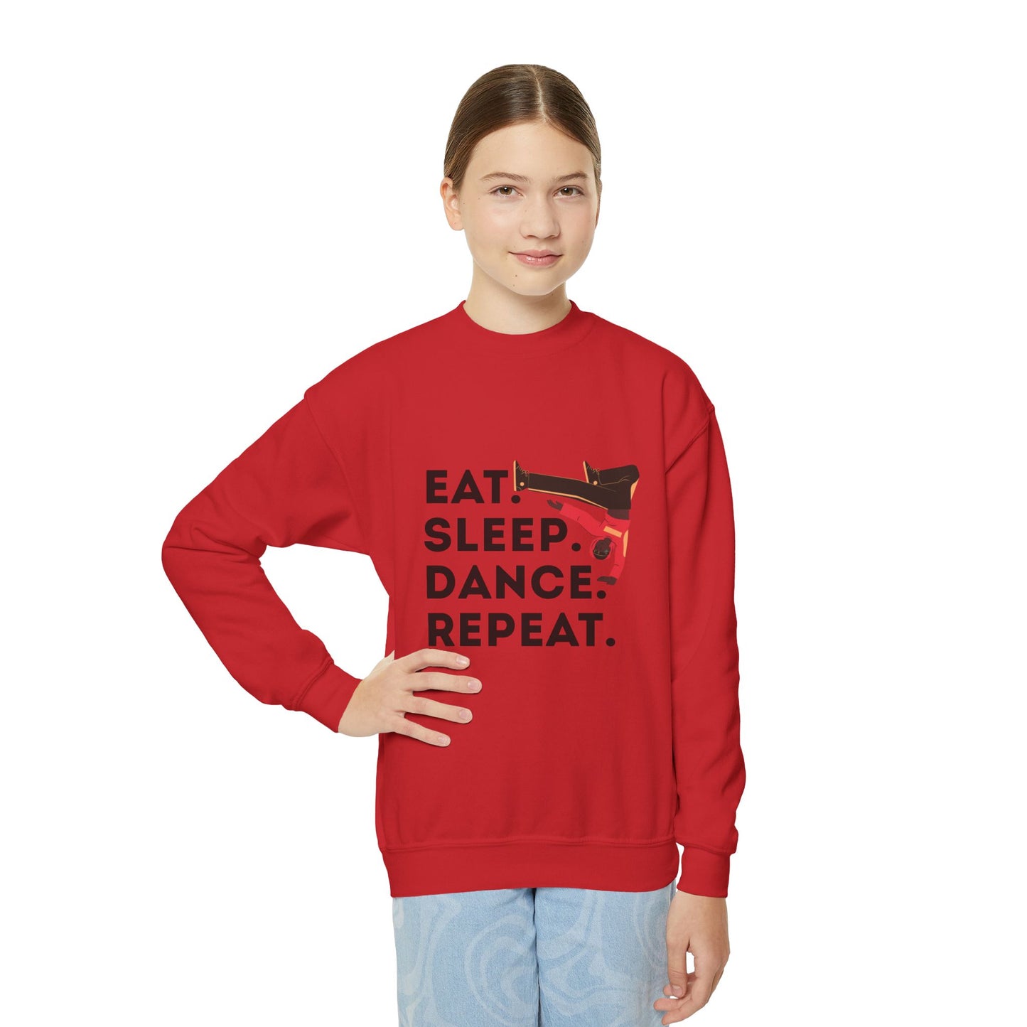 "Eat Sleep Dance Repeat" – Bold B-Boy Graphic Youth Crewneck Sweatshirt | Hip Hop Dance Kids Pullover